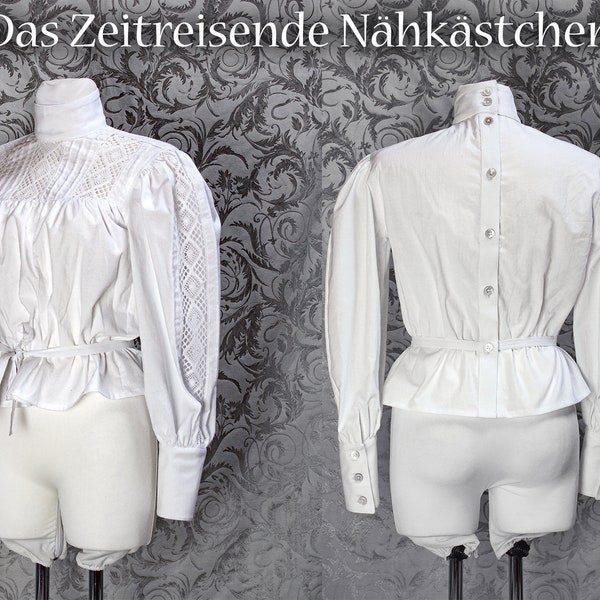 Historische Bluse aus Baumwolle mit Einsatz-Spitze, Victorianisch, Edwardianisch, Jahrhundertwende, Gibson Girl, Belle Epoque, Gothic