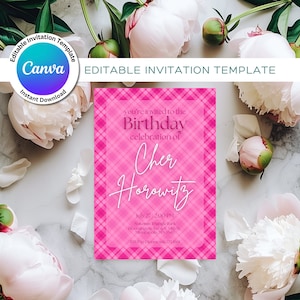 90s Vibes Pink Plaid Birthday Invitation Template, Editable Template Retro Birthday Invitation in Canva, Clueless Movie Birthday