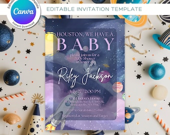 Houston tenemos una plantilla de invitación para bebé, plantilla de invitación para fiesta temática espacial para baby shower editable en canva, baby shower espacial, galaxia