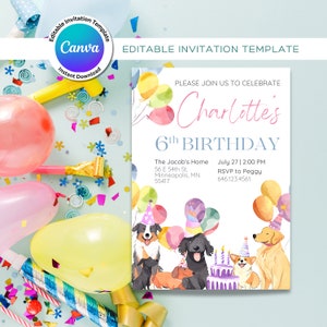 Hund Thema Kinder-Geburtstags-Party bearbeitbar, Welpen-Party-Einladung, druckbare Hund Pawty Einladung, Hund-Geburtstags-Einladung, Welpe Thema, Canva