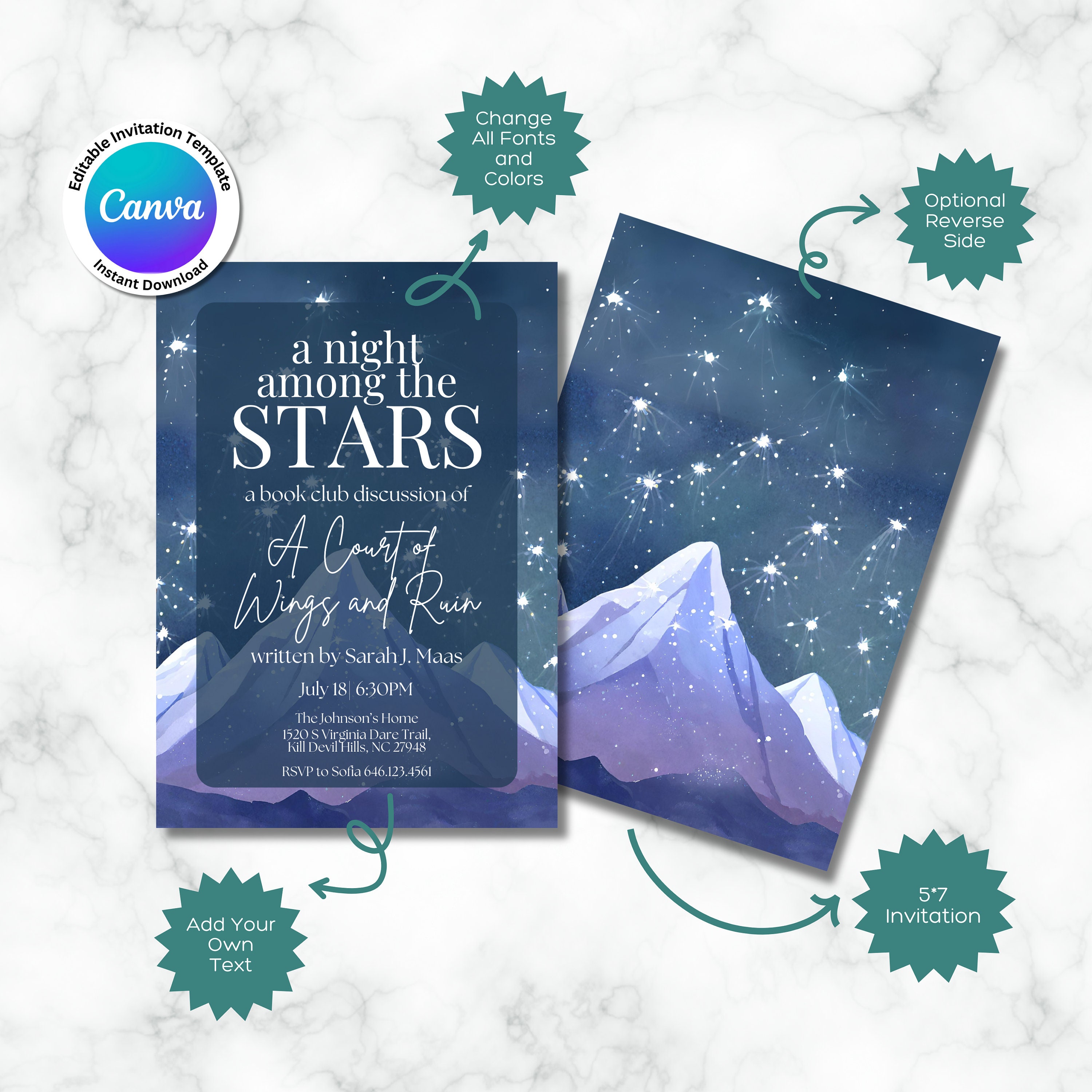 A Night Among the Stars Book Club Invitation, Mountain Backdrop Digital ...