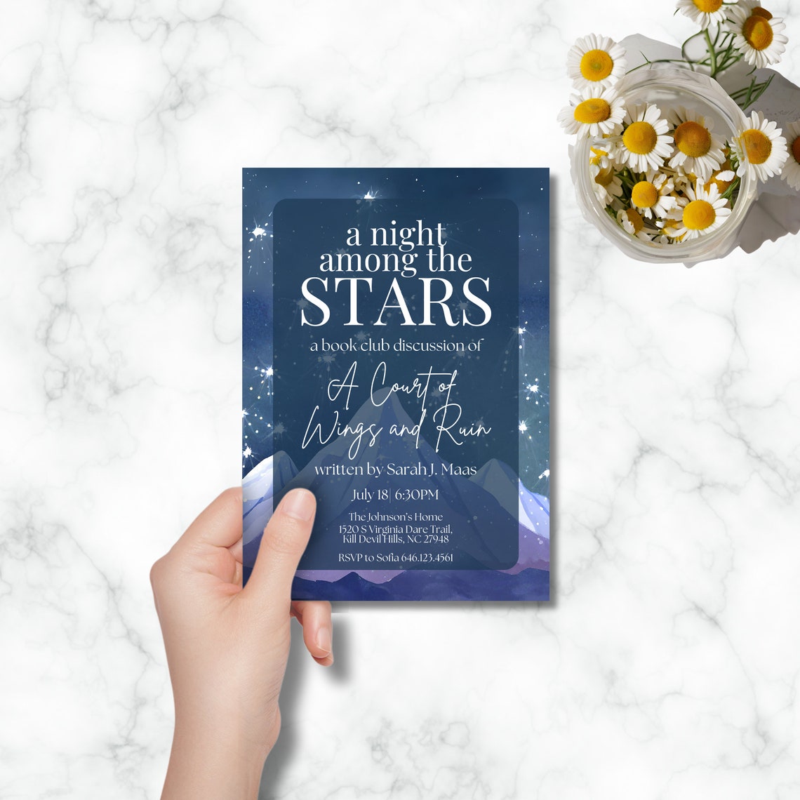 A Night Among the Stars Book Club Invitation, Mountain Backdrop Digital ...