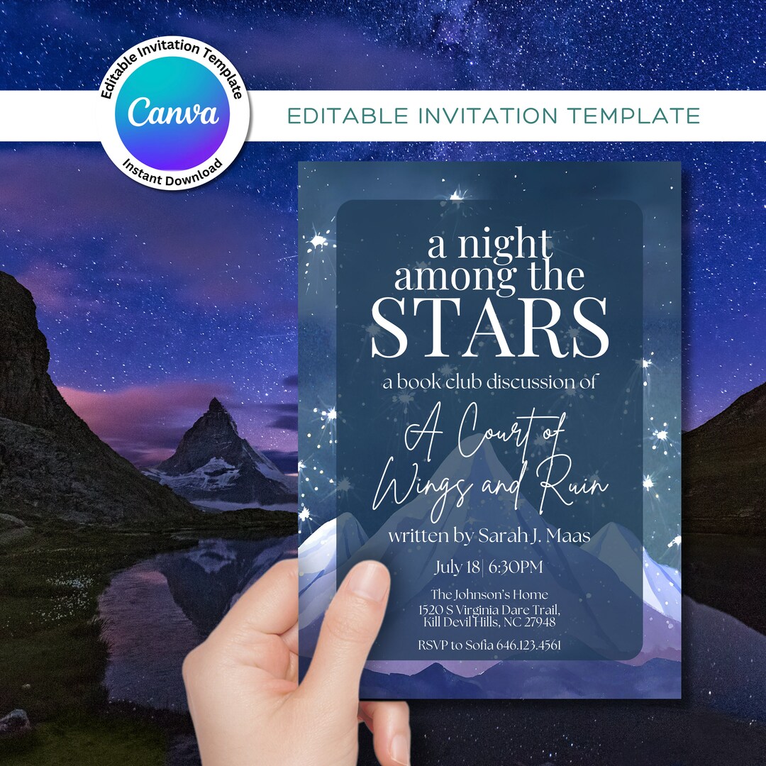 A Night Among the Stars Book Club Invitation, Mountain Backdrop Digital ...