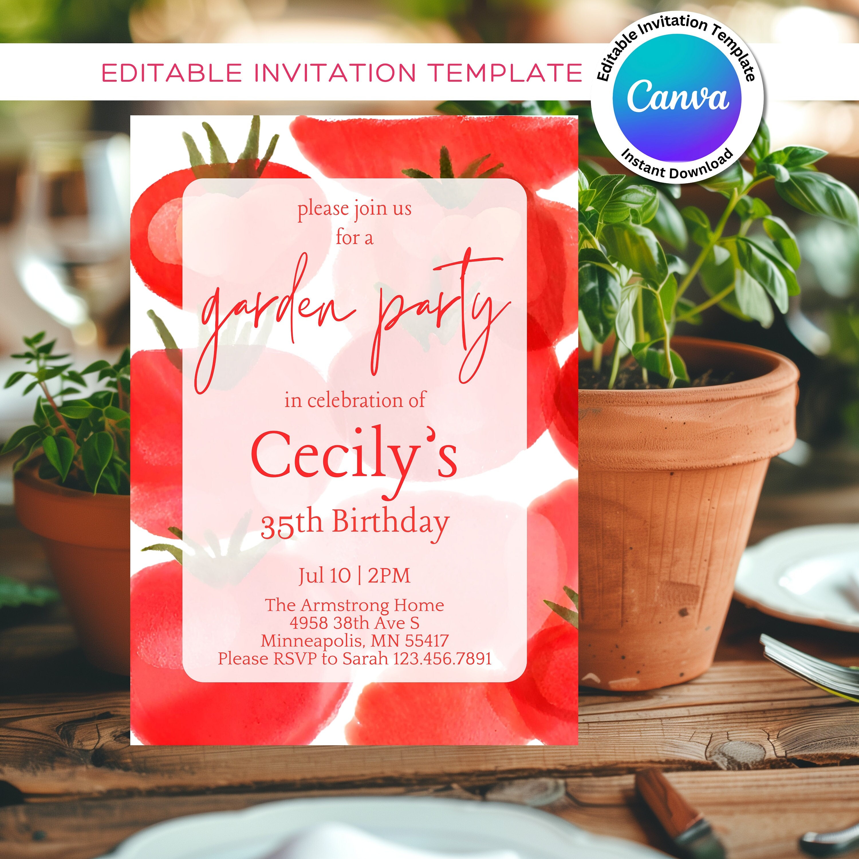 Plantilla de invitación para fiesta en el jardín con tomates en acuarela, diseño digital editable para celebración de verano, diseño maximalista para descargar en Canva