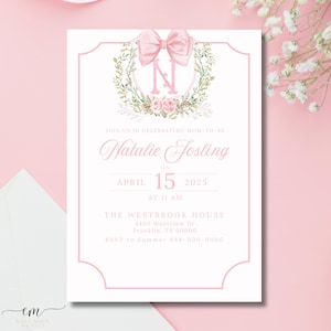Natalie Grand Millennial Baby Shower Invite, Digital Invite, Bow Crest, Floral Baby Shower, Chinoiserie Baby Shower, Pink and Green Theme