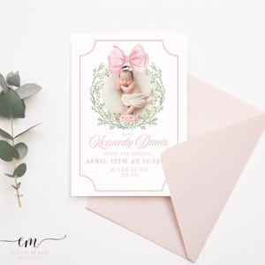 Anuncio de nacimiento de Kennedy Baby, acuarela, nacimiento de Grand Millennial Baby, recién nacido, escudo, foto, anuncio de nacimiento de niña, reliquia