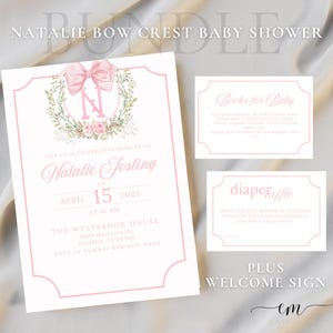 Natalie *BUNDLE* Grand Millennial Baby Shower Invite, Bow Crest, Floral Baby Shower, Chinoiserie Baby Shower, Pink and Green Theme, Heirloom