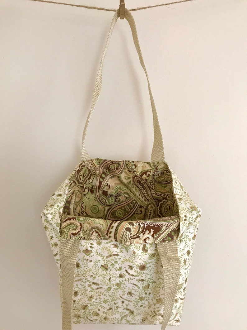 MINI TOTE Reversible Totebag Lunchbag Snack Grocery bag Bookbag Purse Tote Kids bag Paisley Cotton Olive Green Taupe Tan White Cream Brown