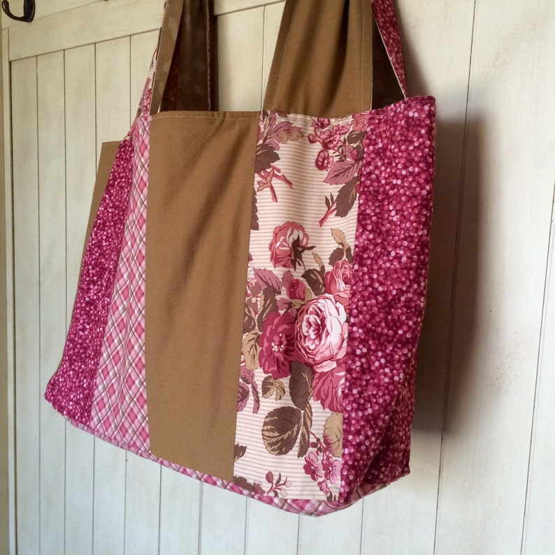 TOTE Pink Tan Floral Patchwork Totebag Grocery bag Bookbag Beachbag Lunchbag Laptop Bag Overnight Purse Tote Lunchbag Cotton Gift for Her