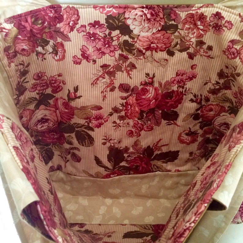 TOTE Pink Tan Floral Patchwork Totebag Grocery bag Bookbag Beachbag Lunchbag Laptop Bag Overnight Purse Tote Lunchbag Cotton Gift for Her