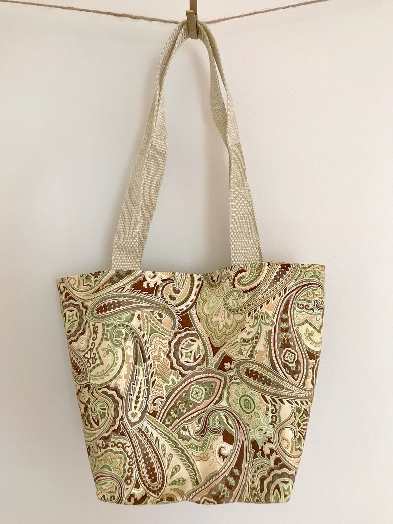 MINI TOTE Reversible Totebag Lunchbag Snack Grocery bag Bookbag Purse Tote Kids bag Paisley Cotton Olive Green Taupe Tan White Cream Brown