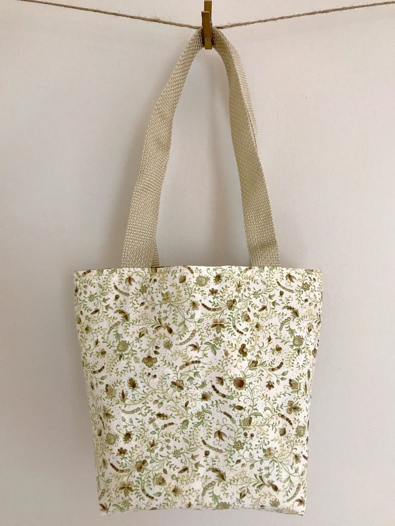 MINI TOTE Reversible Totebag Lunchbag Snack Grocery bag Bookbag Purse Tote Kids bag Paisley Cotton Olive Green Taupe Tan White Cream Brown