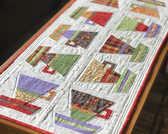 TABLE RUNNER 'Tuscany Tea Cups' - Decorative Homemade 100% Cotton Patchwork Quilt Red Green Gold Purple Brown