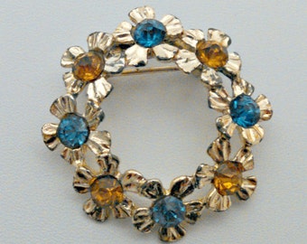 Vintage Brooch, Flower Circle Pin, Gold Tone Flower with Blue & Gold Rhinestone Centers, Mid Century, Circa 1960s, Includes Gift Box