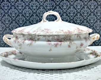 Antique Haviland Sauce Gravy Tureen, Charles Field Haviland CFH GDM, Limoges Porcelain, Attached Underplate, Pink Floral, Circa 1890s