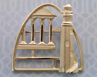 Vintage Brooch, Gold Tone Lighthouse Brooch by American Jewelry Company, Signed AJC, Nautical Coastal Brooch, Circa 1980s, Includes Gift Box