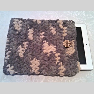 Tablet iPad Case, Chenille with Vintage Button, 10 Inch Hand Crochet Tablet Sleeve, Gray, #SS-B10-2, Washable, Free Domestic Shipping