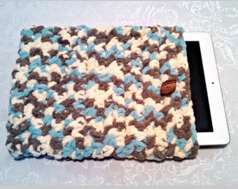 Tablet iPad Case, Chenille with Vintage Button, 10 In. Hand Crochet Tablet Sleeve, Sea & Sand, #BB-B16-1 Washable, Free Domestic Shipping