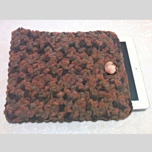 Tablet iPad Case, Chenille with Vintage Button, 10 Inch Hand Crochet Tablet Sleeve, Brown, #WY-B15-1, Washable, Free Domestic Shipping