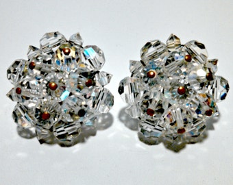 Vintage Aurora Borealis Earrings, Bead Cluster Earrings, Clip On, Tier Earrings, Mid Century, Circa 1950s, Includes Gift Box