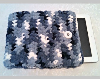 Tablet iPad Case, Chenille with Vintage Button, 10 Inch Hand Crochet Tablet Sleeve, Blue, #FB-B14-1, Washable, Free Domestic Shipping