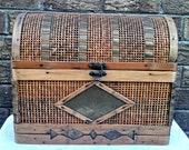 Vintage Middle Eastern Chests, Set of 2, Domed Reed Wood Nesting Boxes with Brass Trim, Hand Made, Storage Treasure Chests, Dowry Boxes