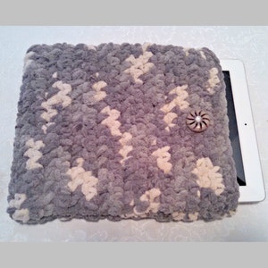 Tablet iPad Case, Chenille with Vintage Button, 10 Inch Hand Crochet Tablet Sleeve, Gray, #SS-B10-1, Washable, Free Domestic Shipping