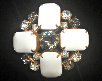 Vintage Brooch, Lucite and Rhinestone, White Lucite Cabochons, Smoke and Clear Rhinestones, Art Deco Inspired, Mid Century, Circa 1950s