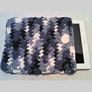 Tablet iPad Case, Chenille with Vintage Button, 10 Inch Crochet Tablet Sleeve, Hand Made, Blue, #FB-B6, Washable, Free Domestic Shipping
