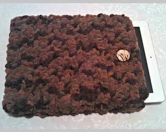 Tablet iPad Case, Chenille with Vintage Button, 10 Inch Crochet Tablet Sleeve, Hand Made Brown, #WY-B15-2, Washable, Free Domestic Shipping