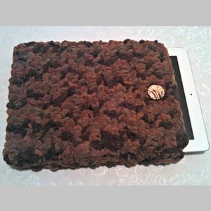 Tablet iPad Case, Chenille with Vintage Button, 10 Inch Crochet Tablet Sleeve, Hand Made Brown, #WY-B15-2, Washable, Free Domestic Shipping