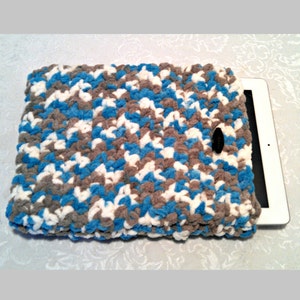 Tablet iPad Case, Chenille with Vintage Button, 10 Inch Hand Crochet Tablet Sleeve, Aqua, Sand, #LR-B9, Washable, Free Domestic Shipping