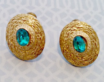 Vintage Earrings, Faux Aquamarine Rhinestone, Oval Screw Back Earrings, Gold Tone, Mid Century, Circa 1950s, Includes Gift Box