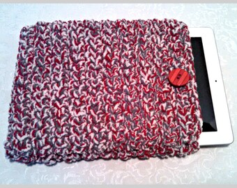 Tablet iPad Case, Chenille with Vintage Button, 10 Inch Hand Crochet Tablet Sleeve, Red Gray, #TT-B5, Washable, Free Domestic Shipping