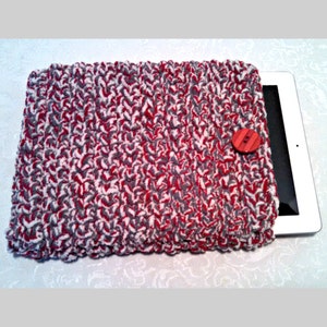 Tablet iPad Case, Chenille with Vintage Button, 10 Inch Hand Crochet Tablet Sleeve, Red Gray, #TT-B5, Washable, Free Domestic Shipping
