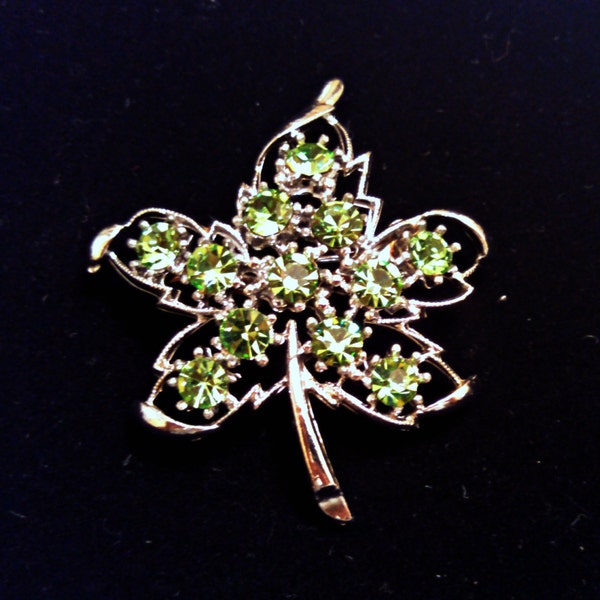 Vintage Brooch, Maple Leaf with Faux Peridot, Light Green Rhinestones, Silver Tone, Mid Century, Circa 1960s, Includes Gift Box