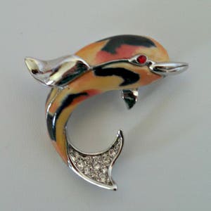 Vintage Brooch, Dolphin Pin in Orange, Yellow, and Black Enamel with Rhinestones, Silver Tone, Circa 1970s, Includes Gift Box image 5