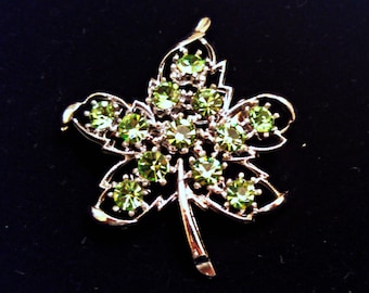 Vintage Brooch, Maple Leaf with Faux Peridot, Light Green Rhinestones, Silver Tone, Mid Century, Circa 1960s, Includes Gift Box
