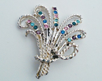 Vintage Brooch, Silver Tone Spray Rope Pin, Fruit Salad Rhinestones, Mid Century, Circa 1960s, Includes Gift Box