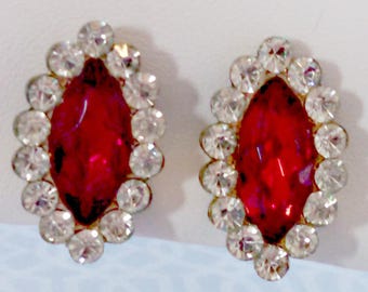 Vintage Earrings, Marquis Cut Faux Ruby with Rhinestones Screw Back Earrings, Wedding, Party, Circa 1940s, Includes Gift Box