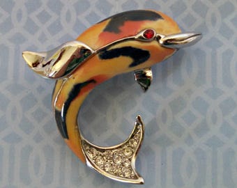 Vintage Brooch, Dolphin Pin in Orange, Yellow, and Black Enamel with Rhinestones, Silver Tone, Circa 1970s, Includes Gift Box