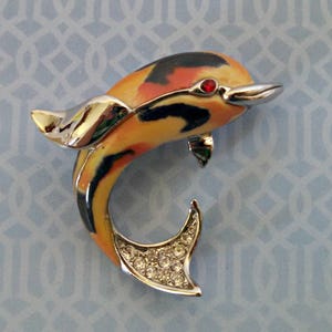 Vintage Brooch, Dolphin Pin in Orange, Yellow, and Black Enamel with Rhinestones, Silver Tone, Circa 1970s, Includes Gift Box image 1