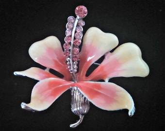 Vintage Flower Brooch, Pink and Cream Enamel Flower, Pink Rhinestones, Silver Tone, Mid Century, Circa 1960s, Includes Gift Box