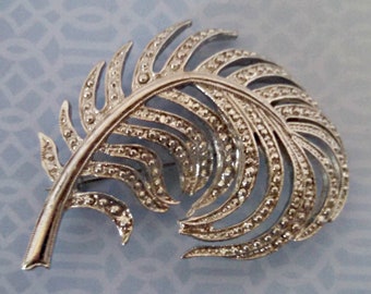 Vintage Fern Brooch, Silver Tone Feather Brooch, Marcasite Style, Statement Brooch, Circa 1970s, Includes Gift Box