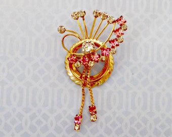 Vintage Brooch Pendant, 1/20th 12Kt Gold, Pink and Clear Rhinestones, Signed, Art Deco, Circa 1930s, Includes Gift Box