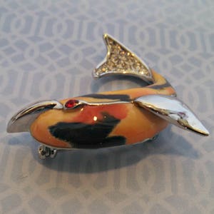 Vintage Brooch, Dolphin Pin in Orange, Yellow, and Black Enamel with Rhinestones, Silver Tone, Circa 1970s, Includes Gift Box image 3