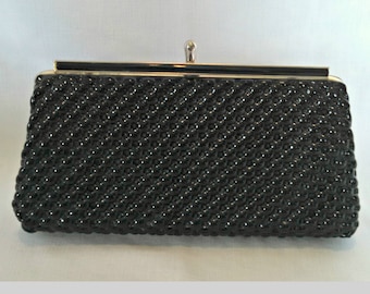 Vintage Clutch, Black Patent Leather Hobnail Purse, Gold Tone Trim, Snap Closure, Mid Century, Circa 1960s