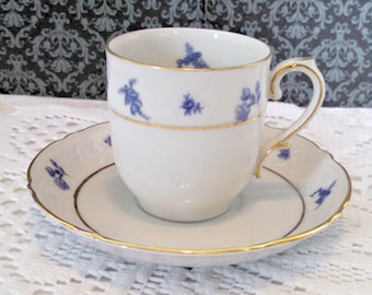 Vintage Demitasse Tea Cup and Saucer by Schumann, Bavarian Porcelain, Blue Floral, Gold Trim, Mid Century, Circa 1950s
