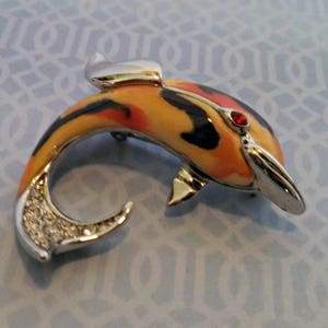 Vintage Brooch, Dolphin Pin in Orange, Yellow, and Black Enamel with Rhinestones, Silver Tone, Circa 1970s, Includes Gift Box image 2