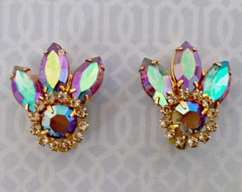 Vintage Clip Earrings, Aurora Borealis Rhinestones with Clear Rhinestones, Gold Tone, Mid Century, Circa 1950s, Includes Gift Box